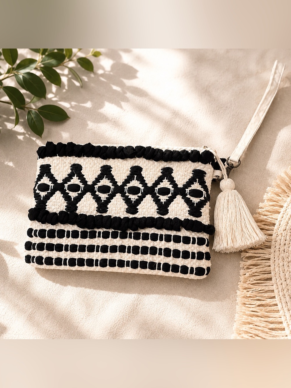 DWBH Clutch Bag with Tassel Wristlet | Black & Ivory | Boho Artisan Style